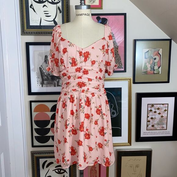 Collective Concepts Womens Size Large Smocked Mini Dress Pink Floral Puff Sleeve - Picture 2 of 8